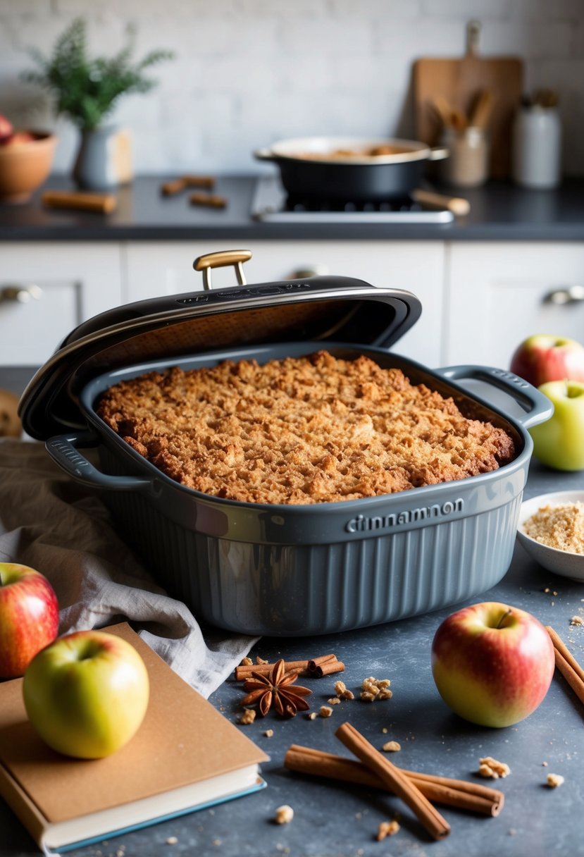 A roaster oven filled with bubbling cinnamon apple crisp, surrounded by scattered ingredients and a recipe book