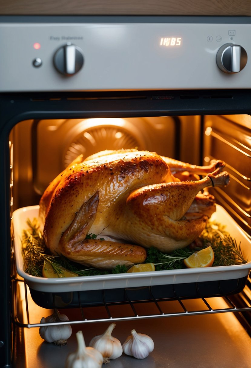 A golden-brown turkey breast roasting in an electric oven, surrounded by aromatic garlic and herbs