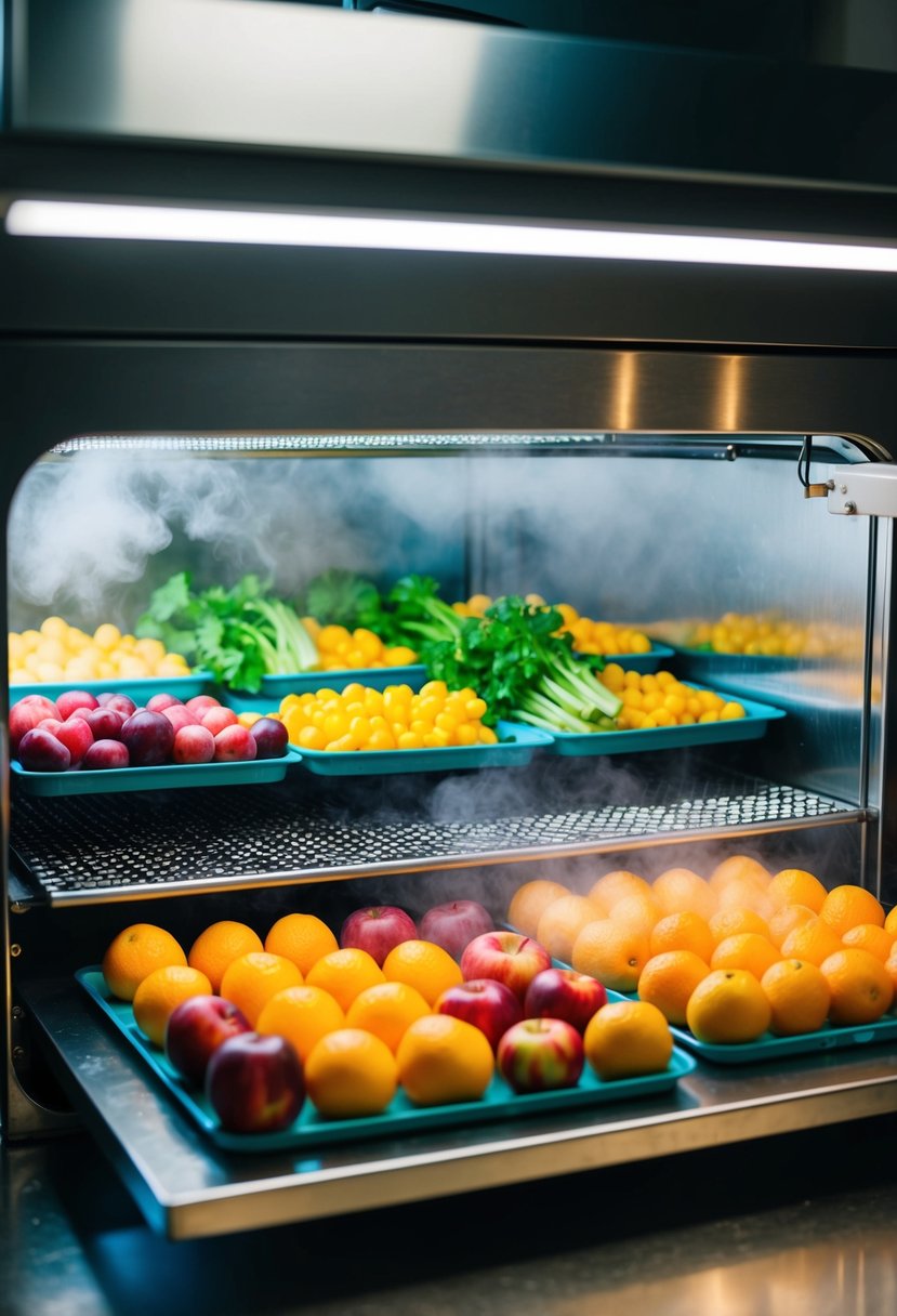 Fresh fruits and vegetables arranged on trays inside a freeze dryer, with the machine running and emitting cold vapor