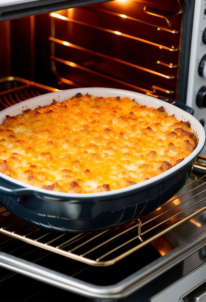 A bubbling, golden-brown cheesy potato casserole sits in an open electric roaster oven, emitting a mouthwatering aroma