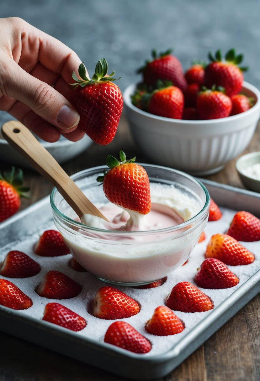 A bowl of fresh strawberries being freeze-dried, yogurt being mixed in, then formed into bite-sized pieces and placed on a tray for freezing