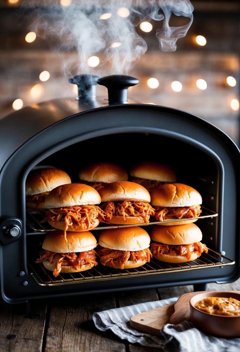 A steaming roaster oven filled with BBQ pulled chicken sandwiches