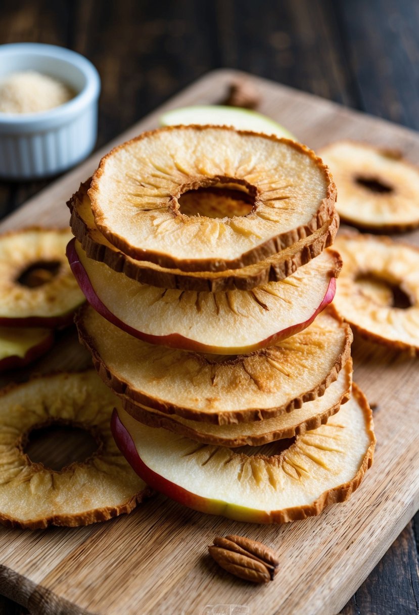 A pile of crispy apple freeze-dried slices arranged in a decorative pattern on a wooden cutting board