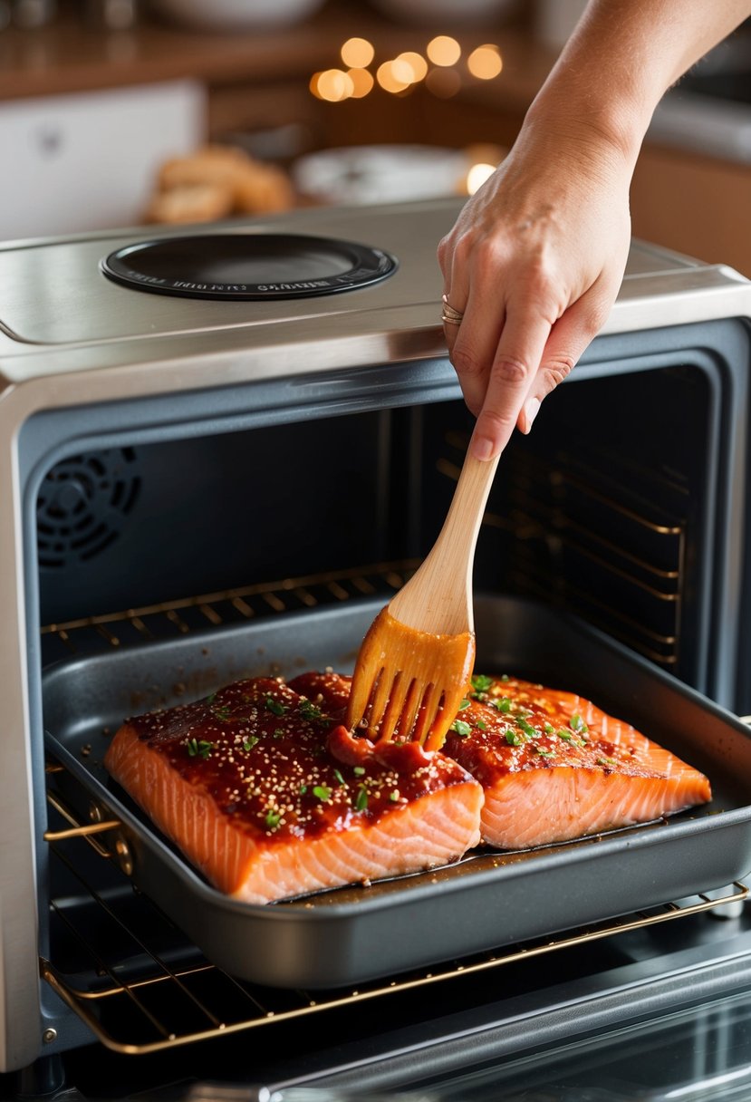 A salmon fillet being basted with teriyaki glaze in an electric roaster oven