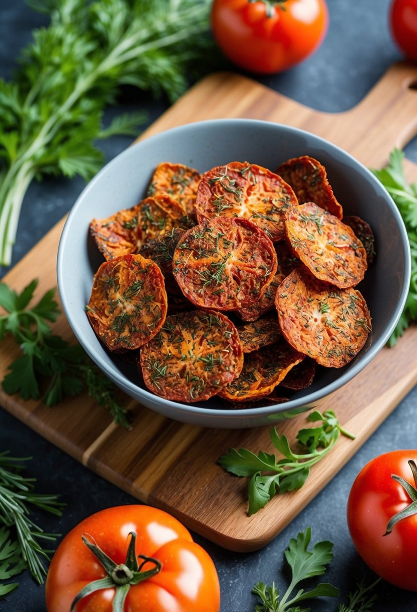 A bowl of vibrant red herbed freeze-dried tomato chips arranged on a wooden cutting board, surrounded by fresh herbs and whole tomatoes