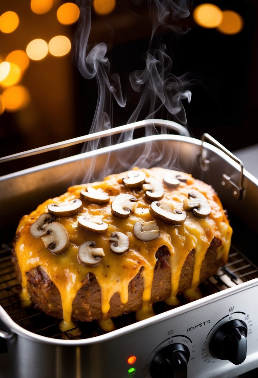 A steaming meatloaf with melted Swiss cheese and sliced mushrooms sits in an electric roaster oven