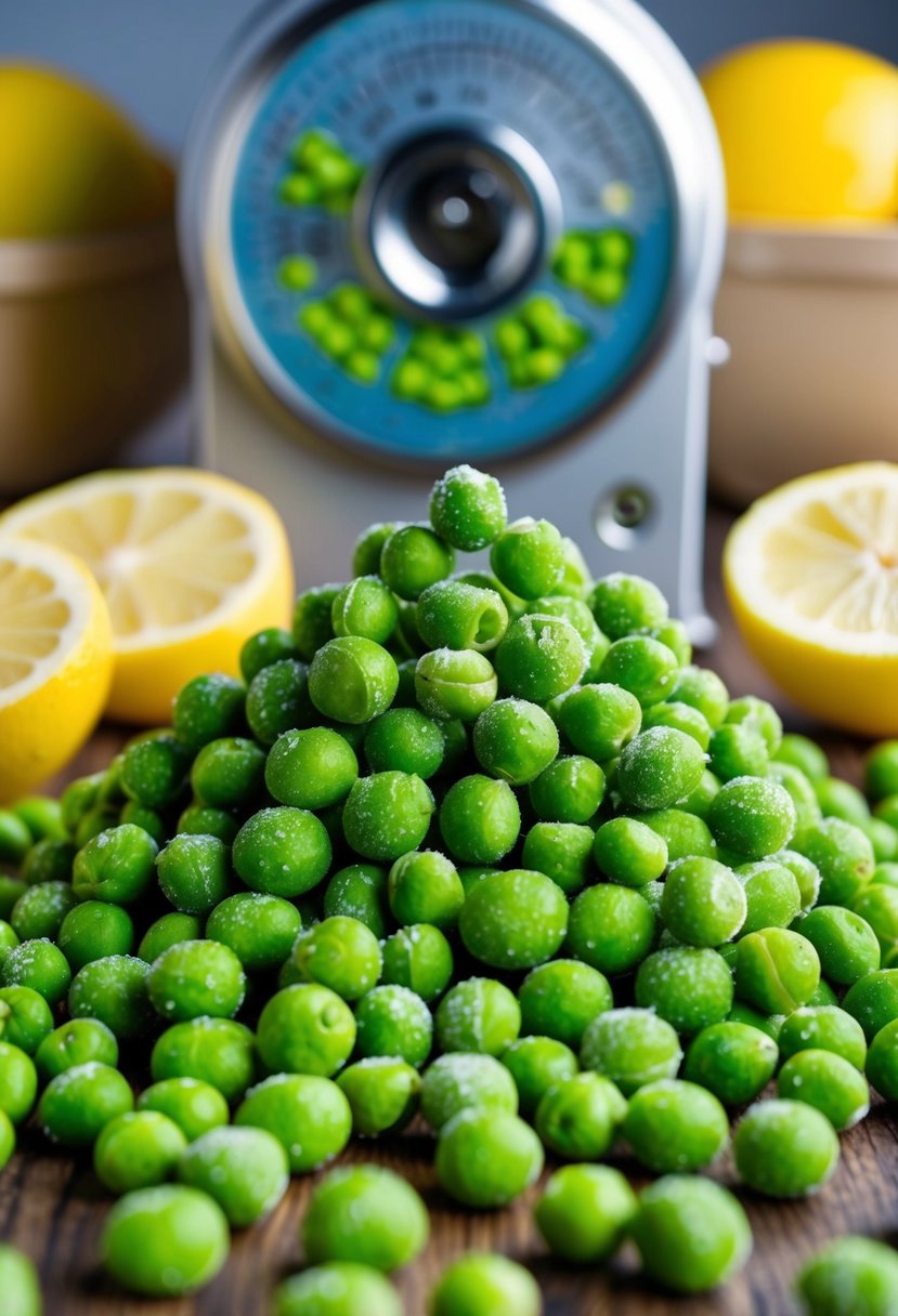 A pile of vibrant green freeze-dried peas surrounded by zesty lemon slices and a freeze-drying machine in the background