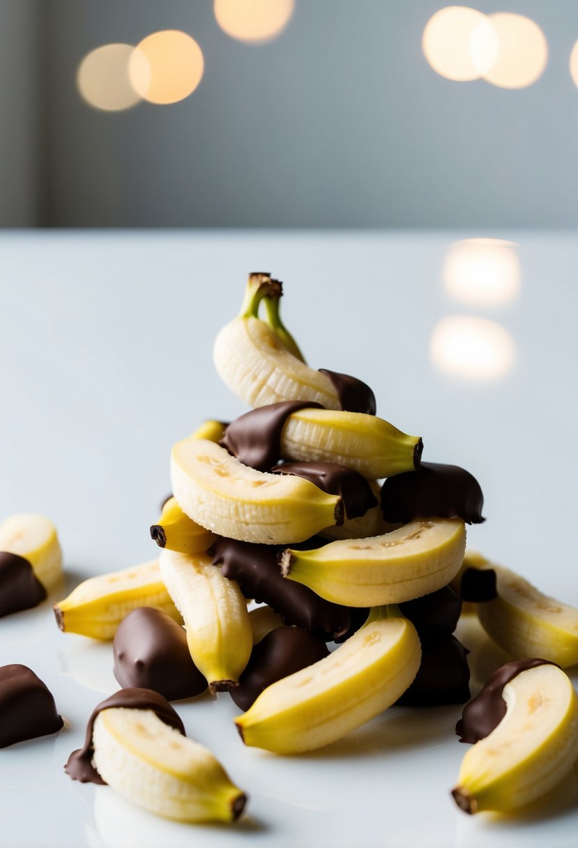 A pile of freeze-dried bananas coated in smooth, glossy chocolate, arranged on a clean, white surface