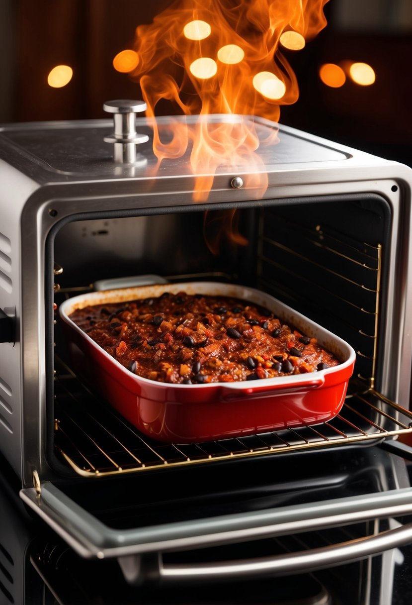 A steaming roaster oven filled with bubbling spicy black bean chili