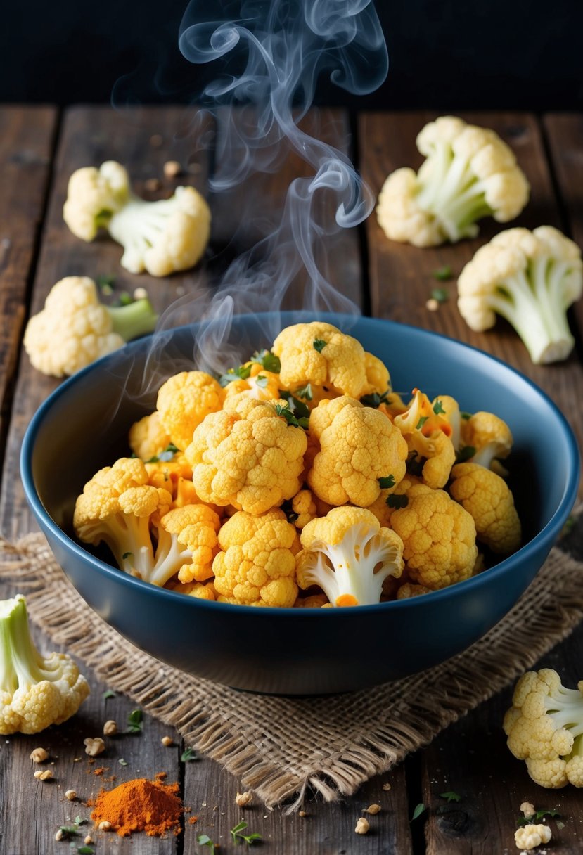 A steaming bowl of spicy buffalo freeze-dried cauliflower sits on a rustic wooden table, surrounded by scattered dried cauliflower florets and a few scattered spices