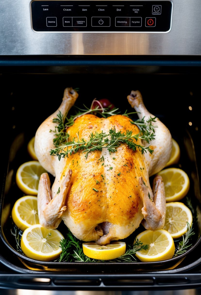 A whole chicken surrounded by fresh herbs and lemon slices, roasting in an electric roaster oven