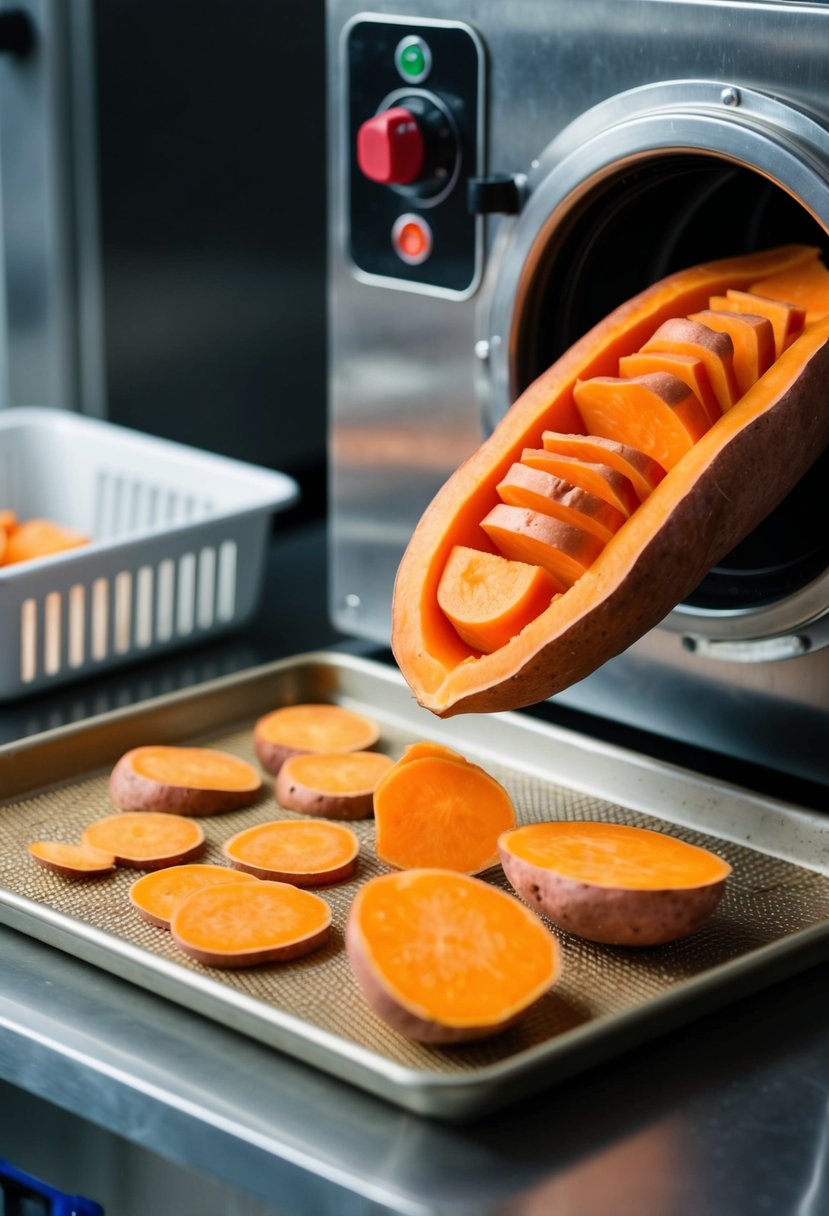 A sweet potato is being sliced into thin pieces and placed on a tray before being loaded into a freeze-drying machine