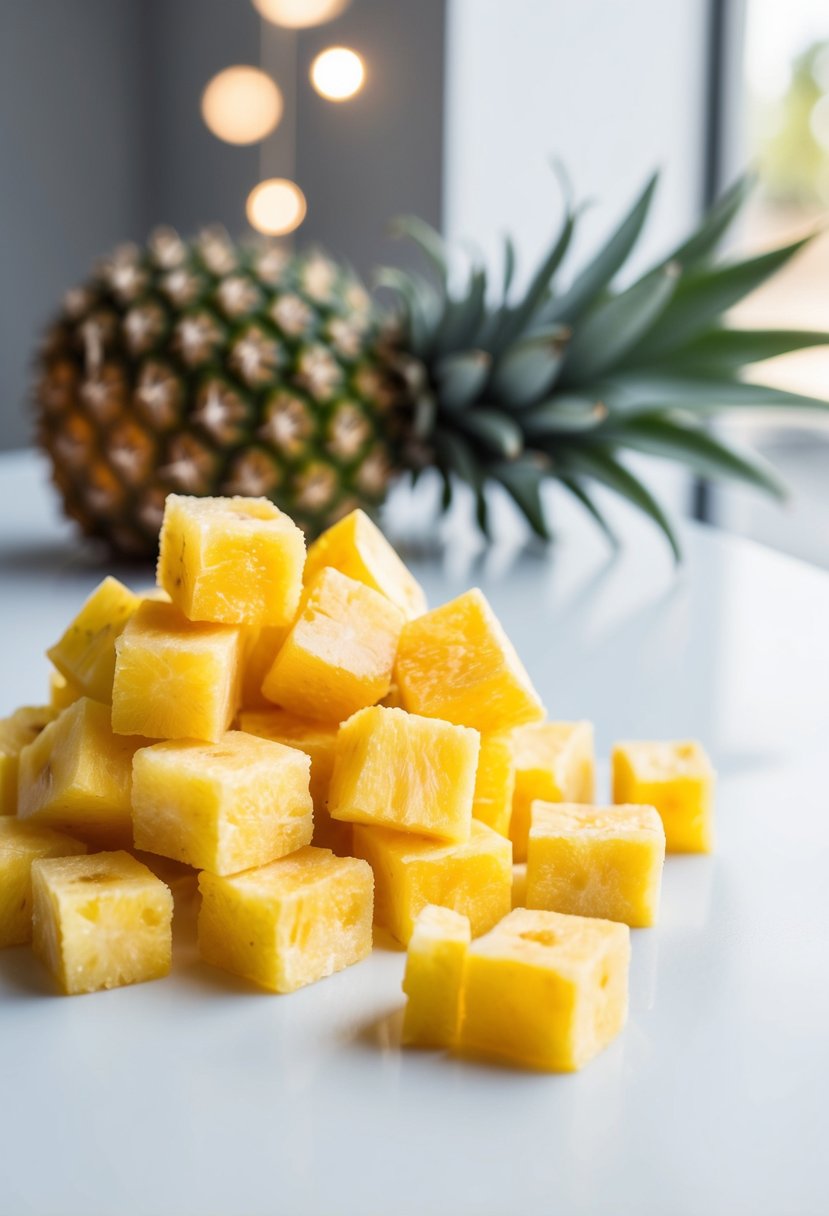 A pile of tangy pineapple freeze-dried cubes on a clean, white surface