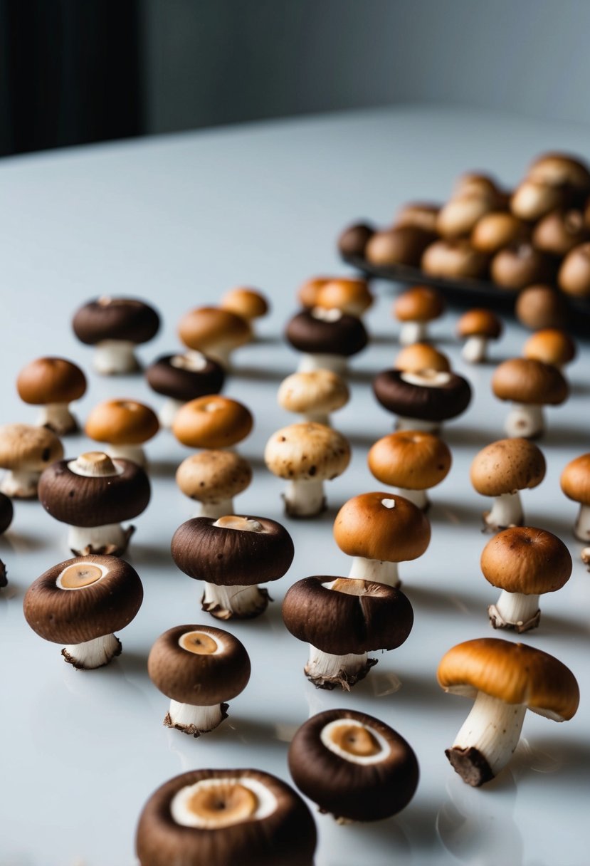 A variety of mushrooms, such as shiitake, oyster, and porcini, are laid out on a clean, white surface, ready to be freeze-dried