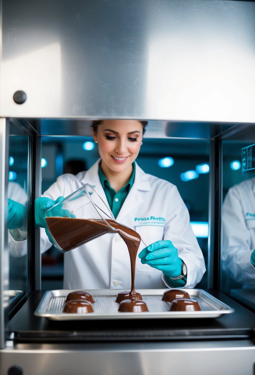 A scientist in a lab coat pours a mint chocolate mixture onto a tray inside a freeze-drying machine