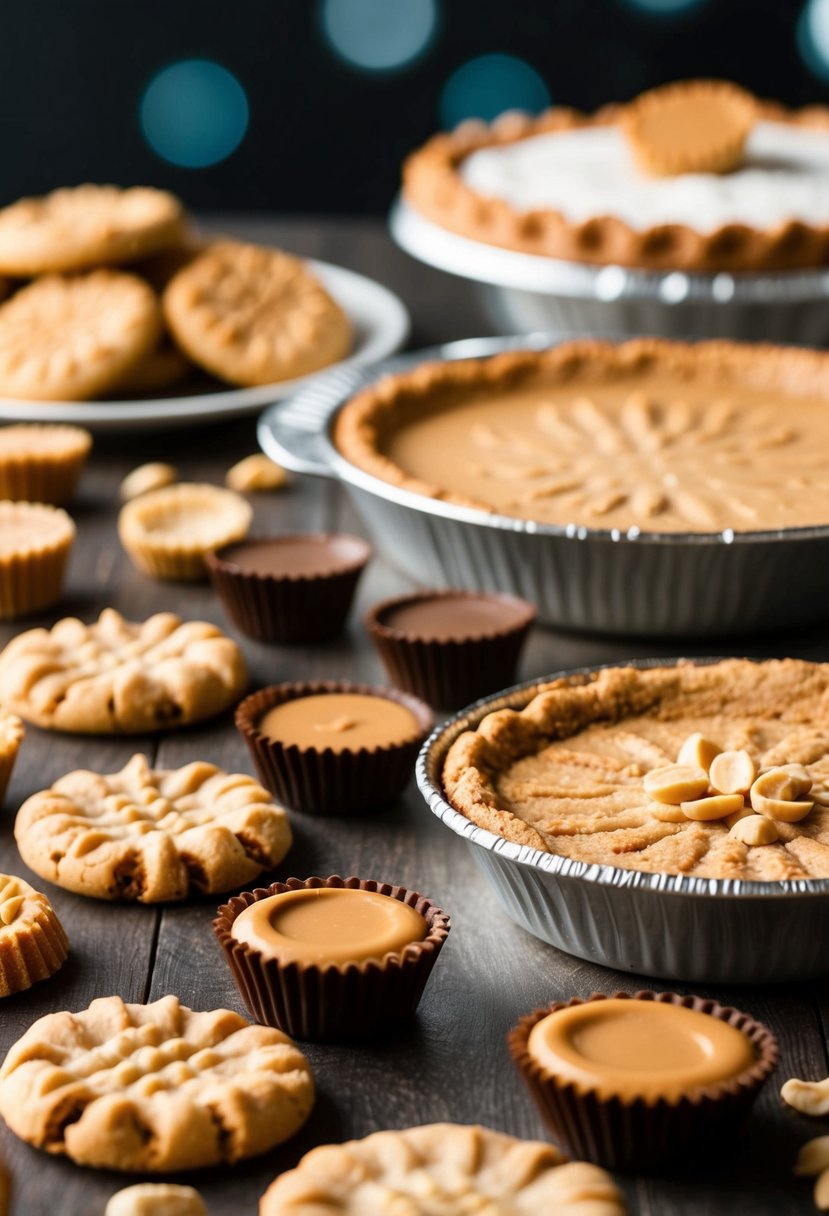 A table filled with various peanut desserts, including peanut butter cookies, peanut butter cups, and peanut butter pie