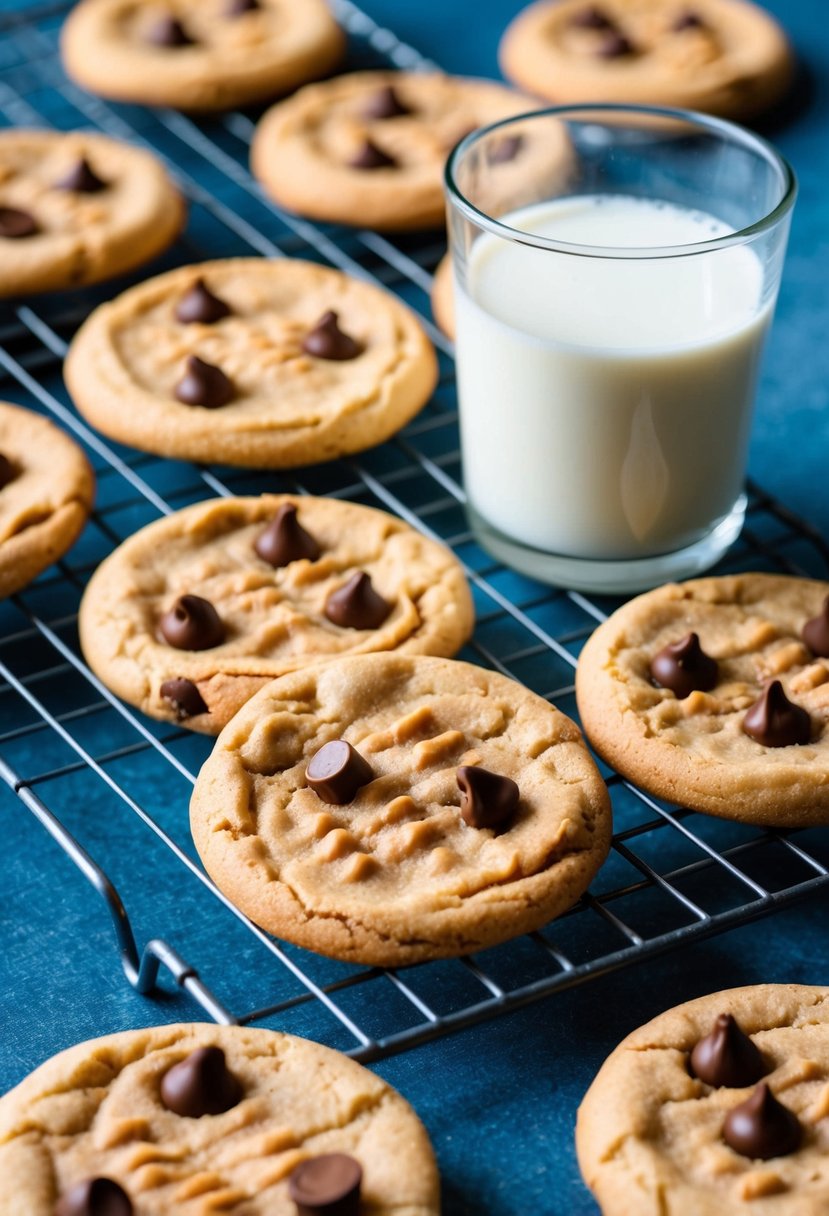 A batch of freshly baked peanut butter chocolate chip cookies cooling on a wire rack, with a glass of milk nearby