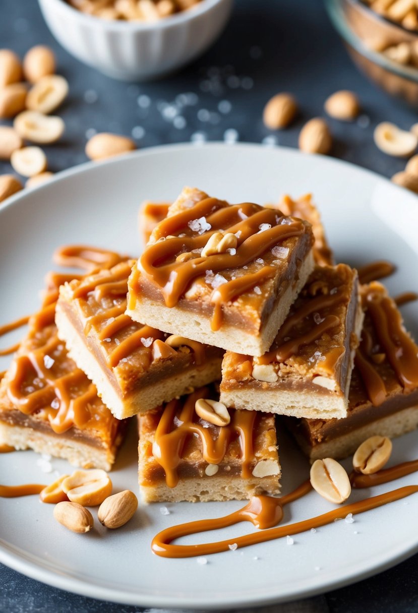 A plate of salted peanut caramel bars surrounded by scattered peanuts and caramel drizzle