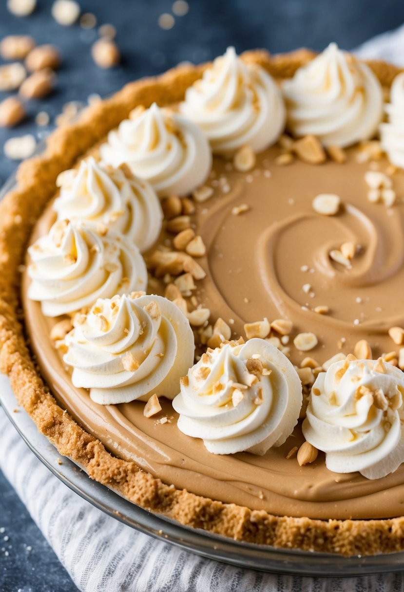 A creamy peanut butter pie sits on a graham cracker crust, topped with swirls of whipped cream and sprinkled with crushed peanuts