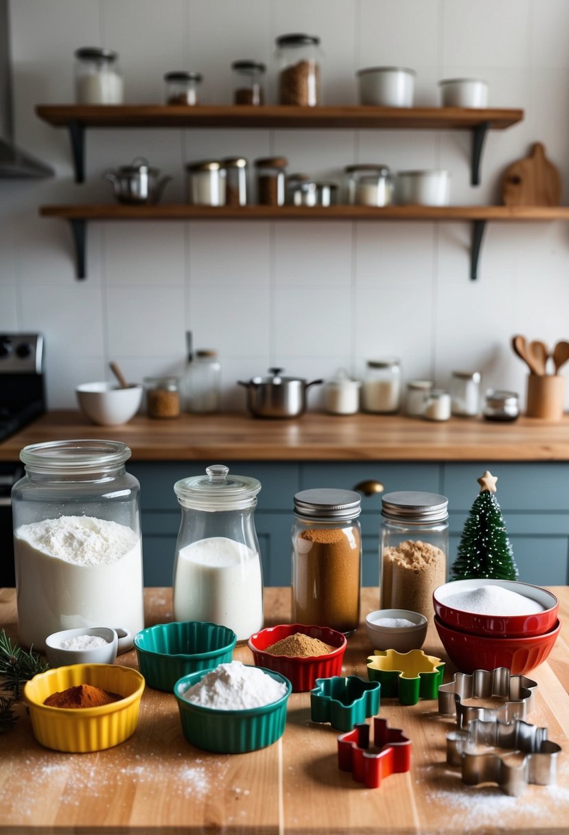 A festive kitchen scene with an array of holiday baking ingredients, including flour, sugar, spices, and festive cookie cutters on a wooden countertop