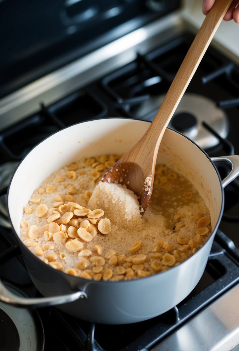 A bubbling pot of sugar and peanuts on a stovetop, with a wooden spoon stirring the mixture