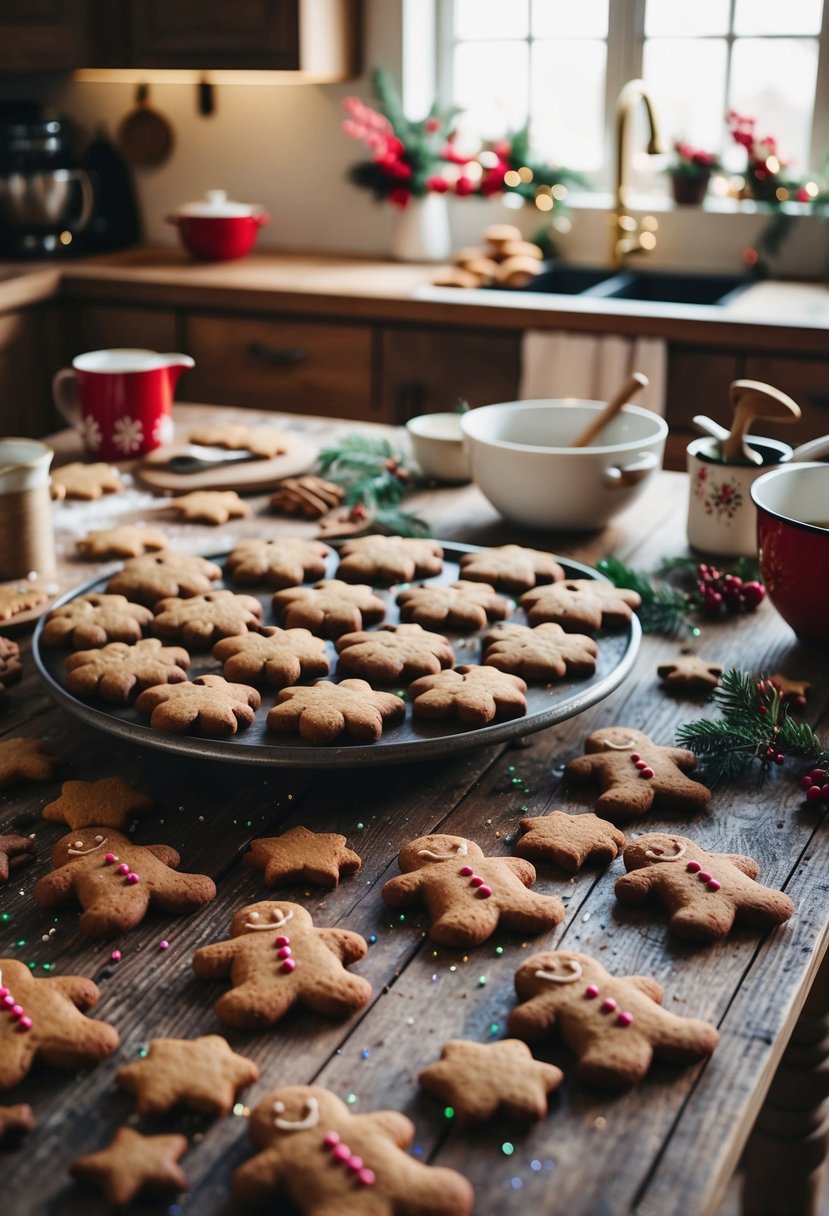 A cozy kitchen scene with a rustic wooden table covered in freshly baked gingerbread cookies, surrounded by festive holiday baking ingredients and utensils