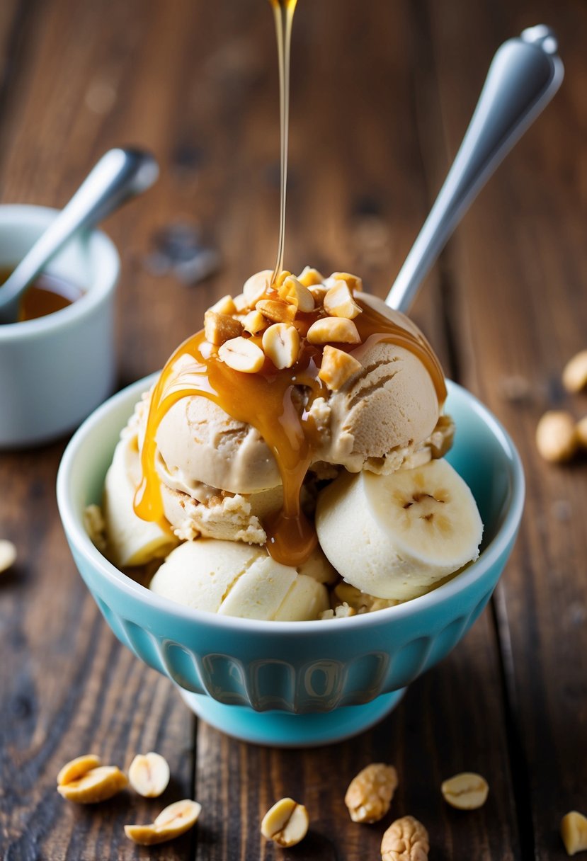 A bowl of creamy peanut butter banana ice cream topped with chopped peanuts and a drizzle of honey, served on a wooden table