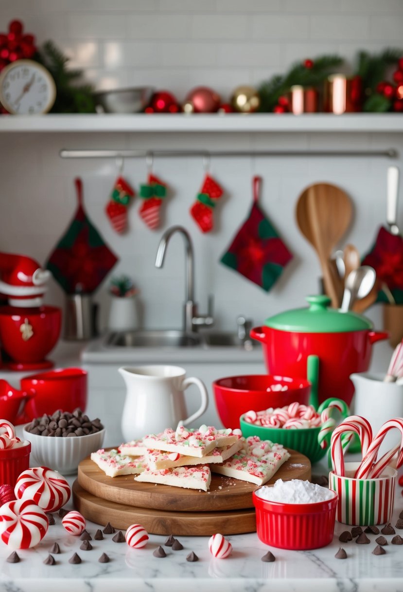 A festive kitchen counter adorned with peppermint bark, candy canes, and chocolate chips, surrounded by holiday baking utensils and ingredients