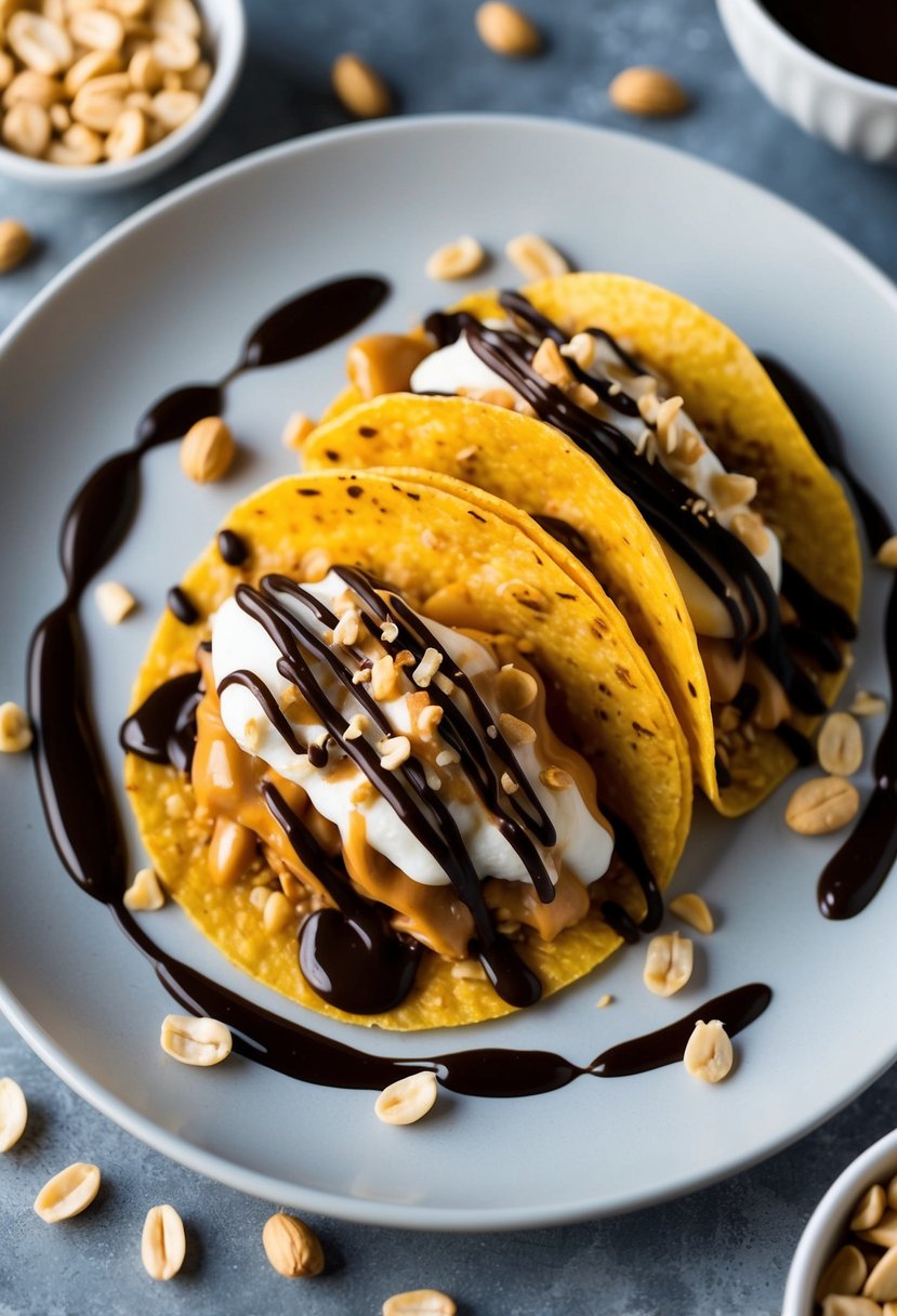 A plate of Thai peanut sauce dessert tacos surrounded by scattered peanuts and drizzled with chocolate sauce