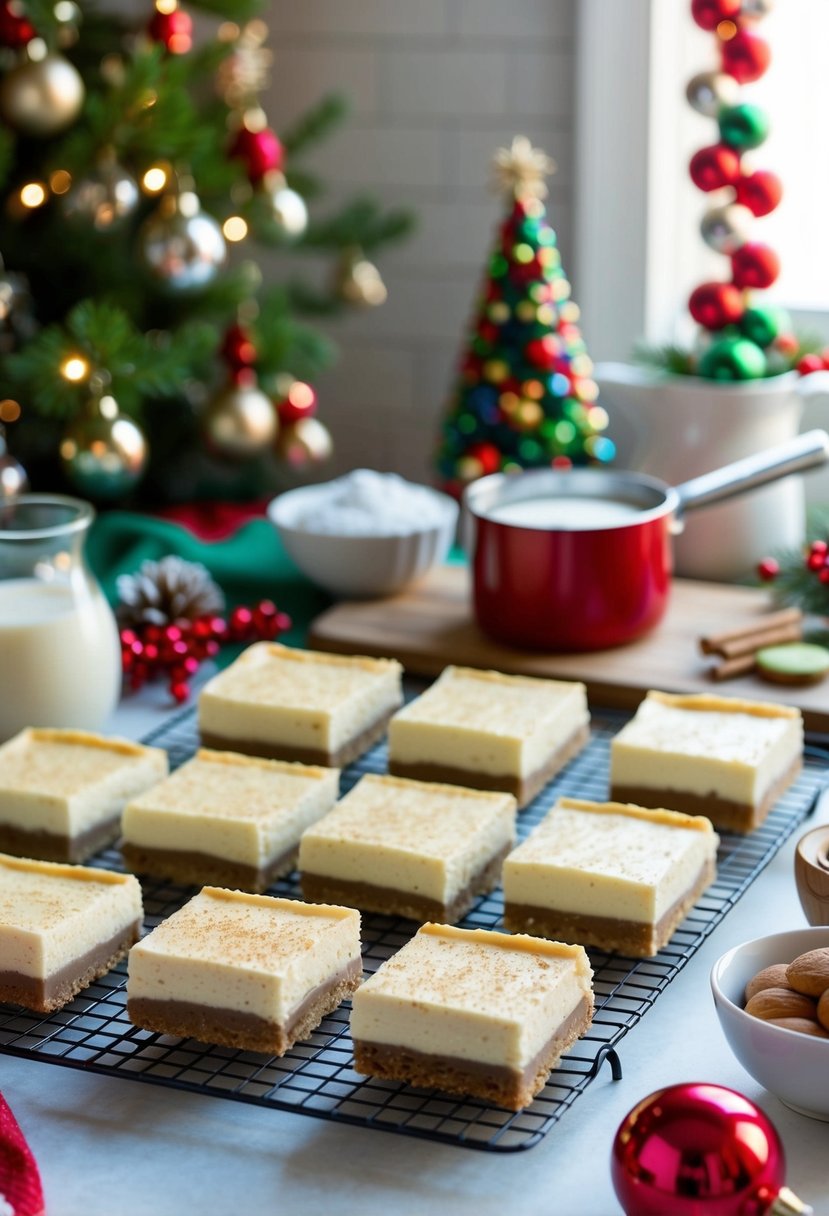 A festive kitchen scene with a tray of Eggnog Cheesecake Bars cooling on a wire rack, surrounded by holiday decorations and ingredients