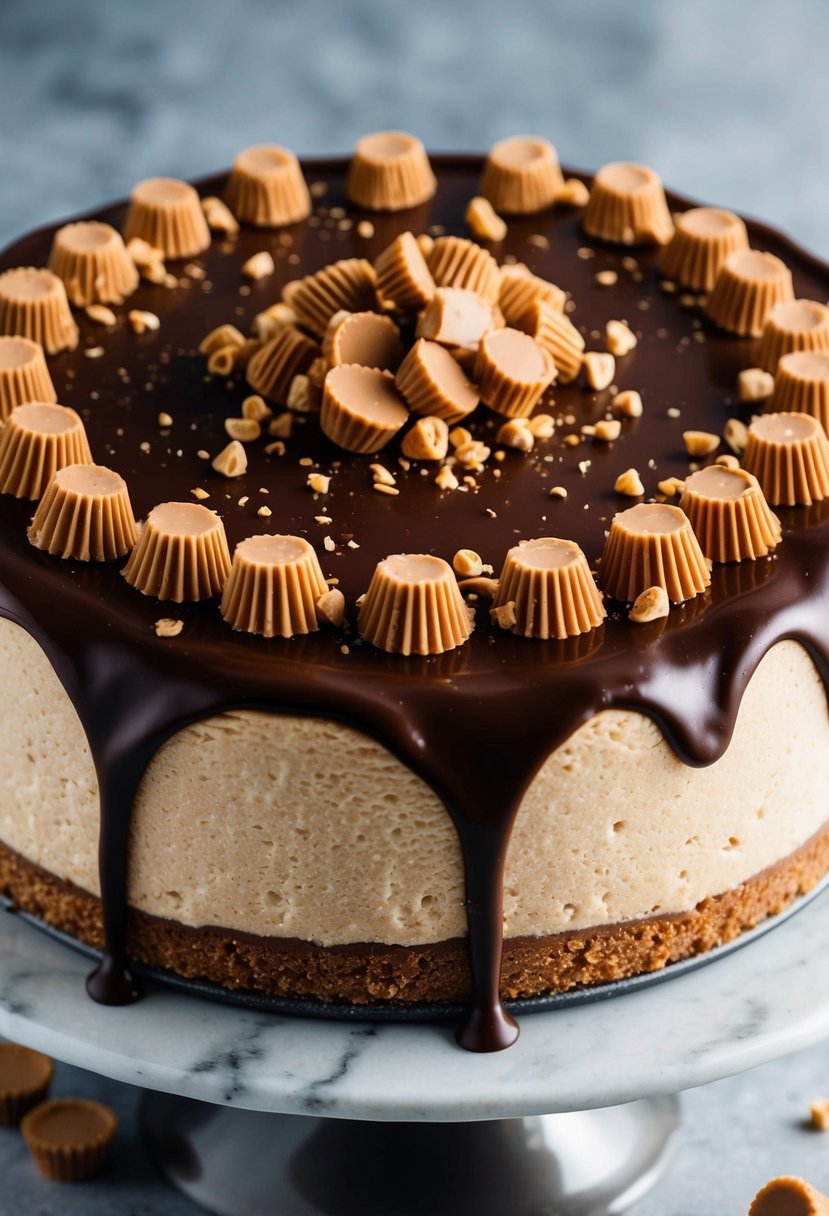 A decadent peanut butter cup cheesecake sits on a graham cracker crust, topped with a rich chocolate ganache and sprinkled with crushed peanut butter cups