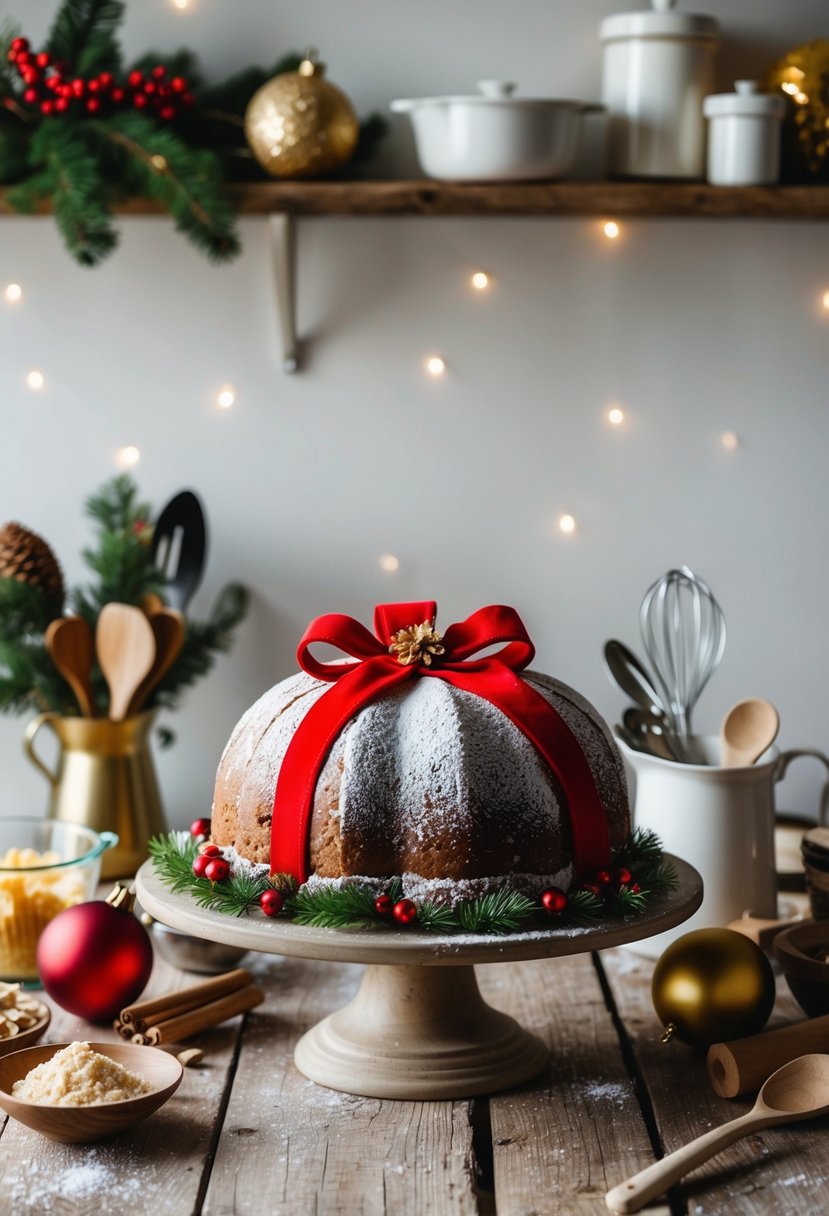 A festive kitchen scene with a decorated Buche de Noel on a rustic wooden table, surrounded by holiday baking ingredients and utensils