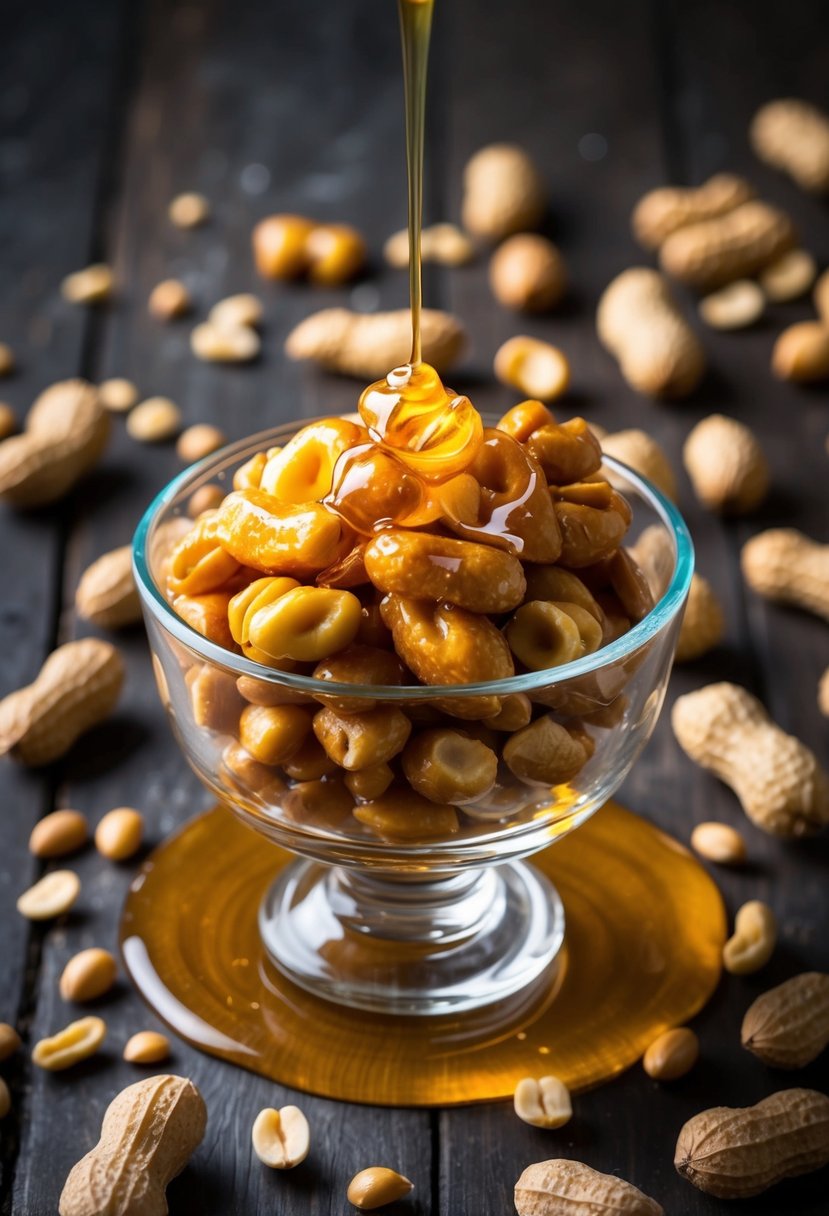 A glass bowl filled with honey roasted peanut clusters, surrounded by scattered peanuts and a drizzle of honey