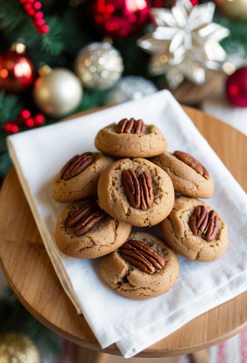 A wooden table with a white tablecloth, adorned with freshly baked pecan snowball cookies, surrounded by festive holiday decorations