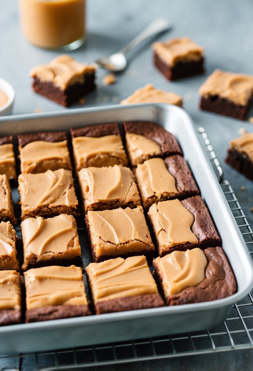 A pan of peanut butter fudge brownies cooling on a wire rack