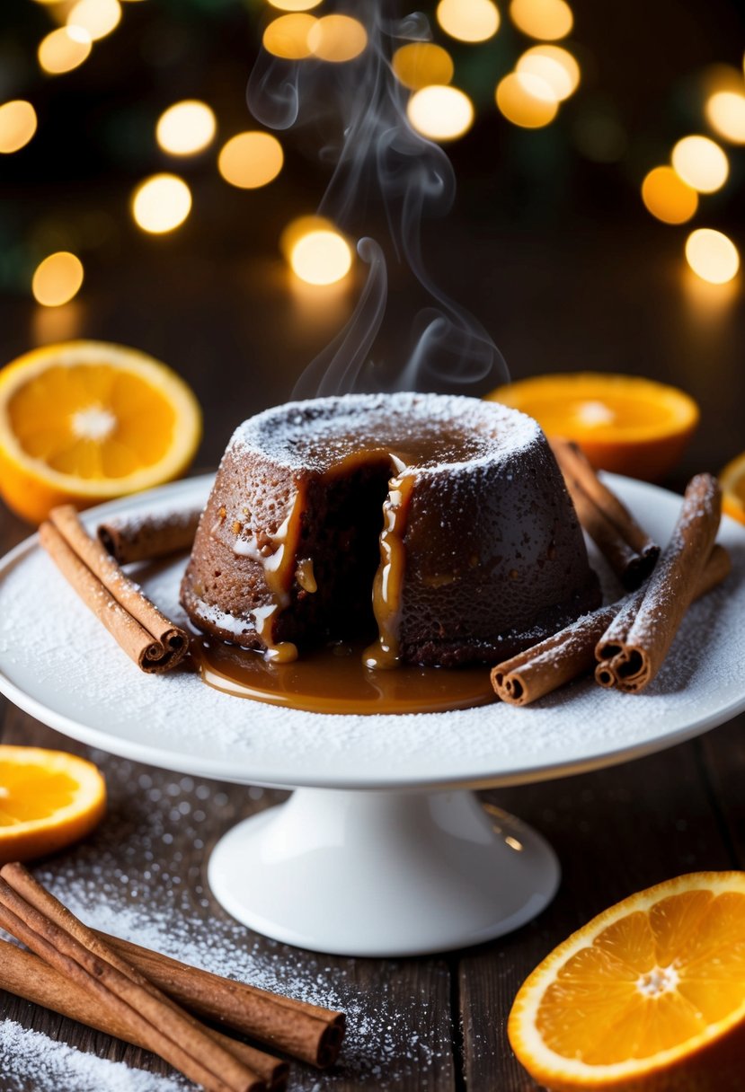 A steaming sticky toffee pudding sits on a festive platter, surrounded by cinnamon sticks, orange slices, and a dusting of powdered sugar