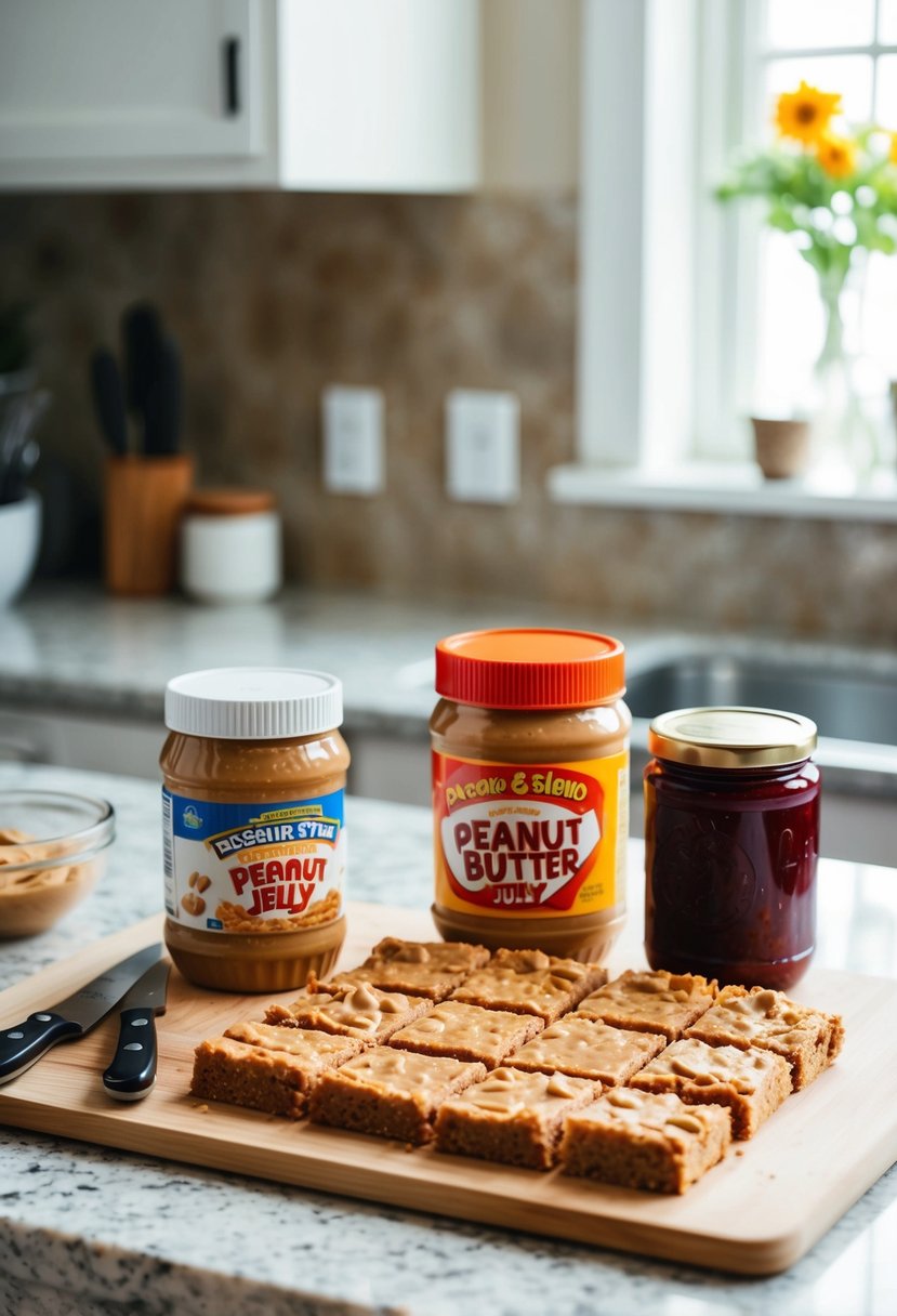 A kitchen counter with a cutting board, knife, jar of peanut butter, jar of jelly, and a batch of freshly baked peanut butter and jelly bars