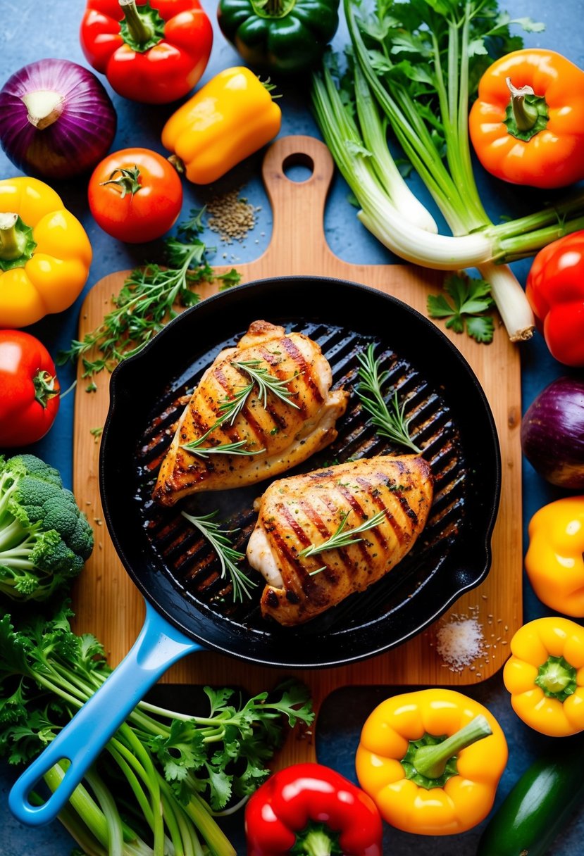 A colorful array of fresh vegetables surrounding a sizzling skillet of grilled chicken, with herbs and spices scattered on a wooden cutting board