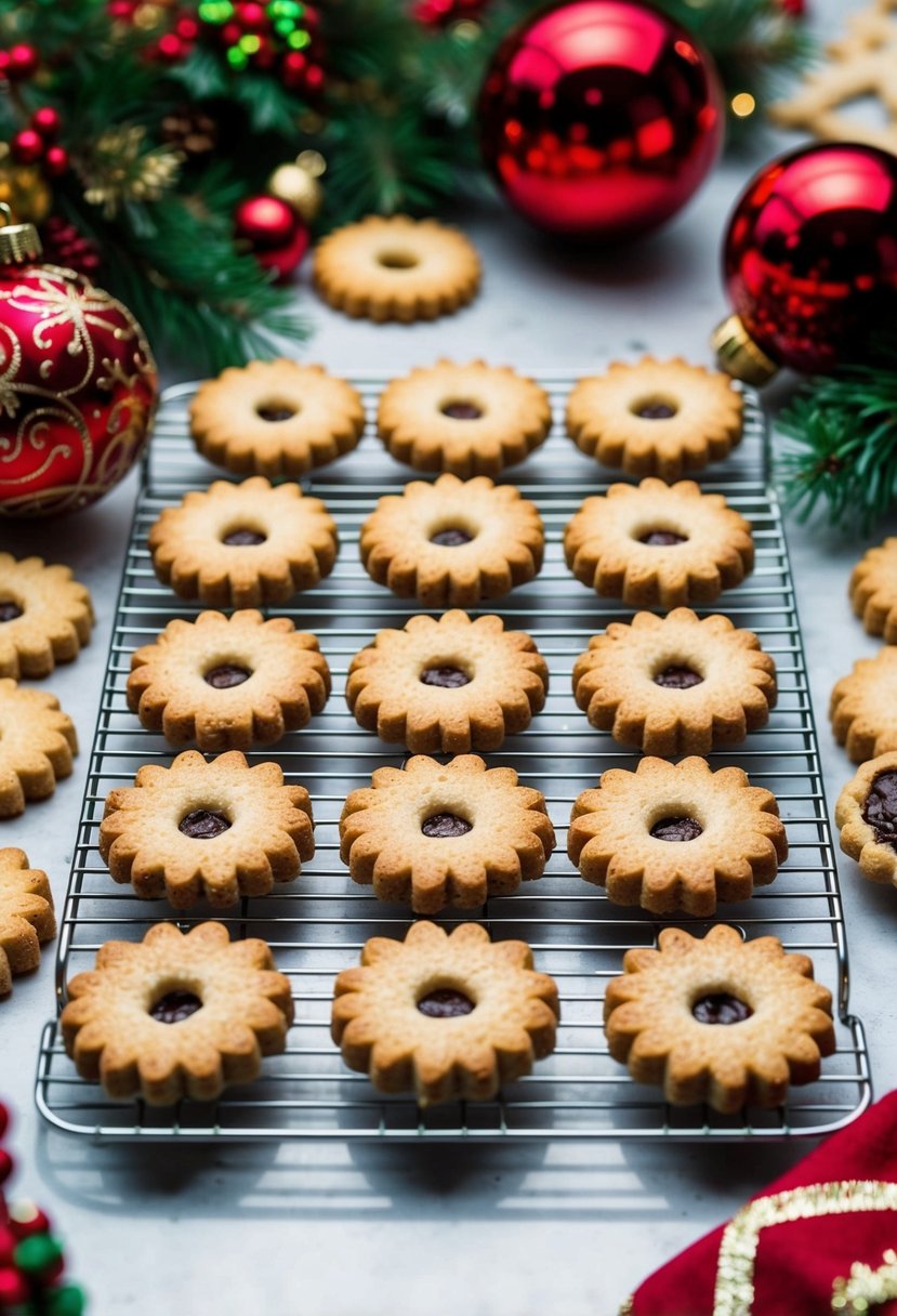 A festive holiday kitchen scene with a tray of freshly baked Linzer Cookies cooling on a wire rack, surrounded by festive Christmas decorations