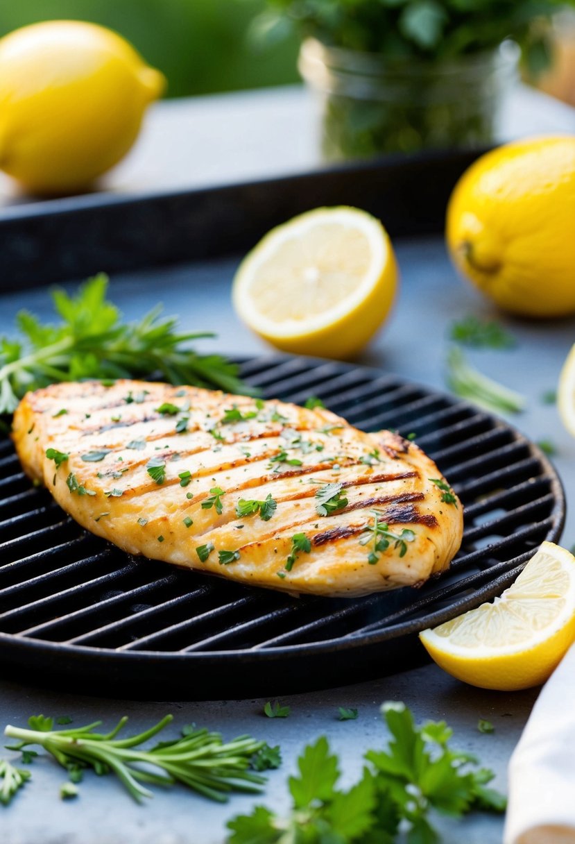 A sizzling lemon herb grilled chicken breast on a clean grill with fresh herbs and lemon slices scattered around