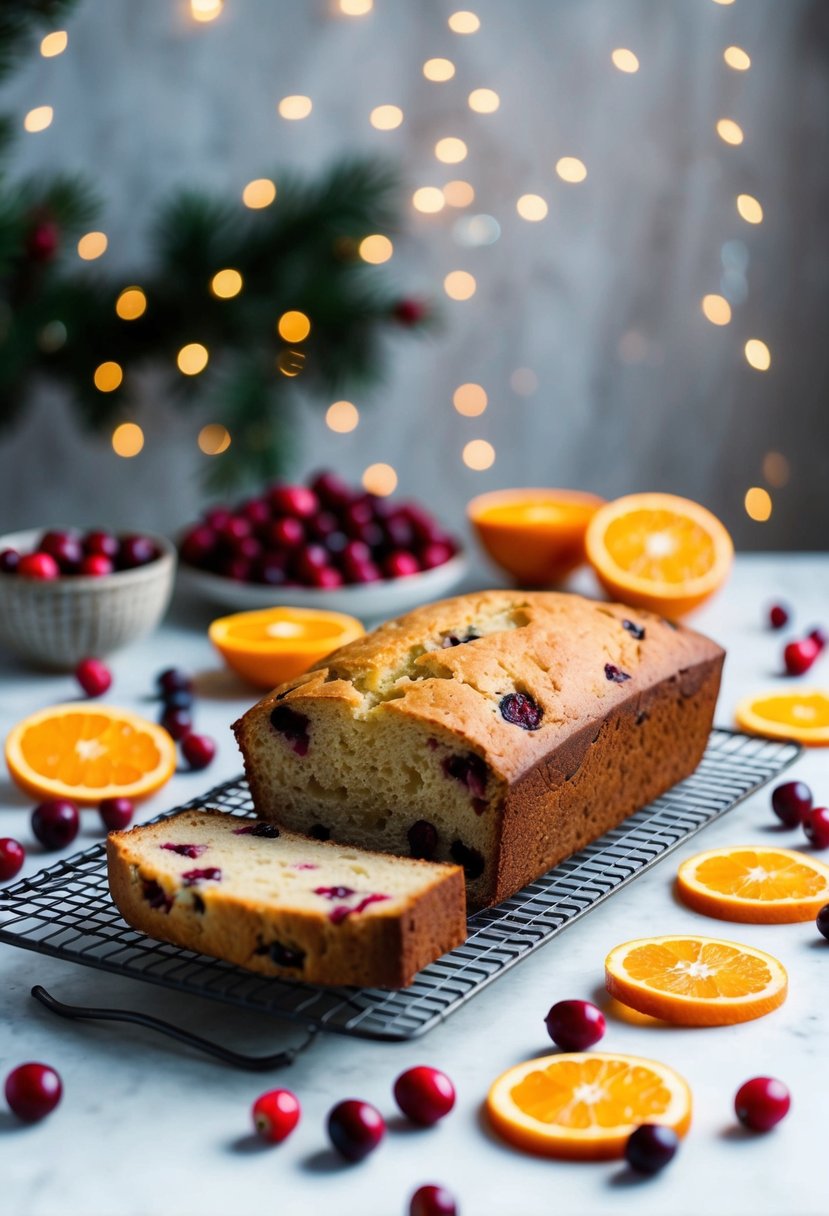 A festive kitchen scene with a freshly baked cranberry orange bread cooling on a wire rack, surrounded by scattered cranberries and orange slices