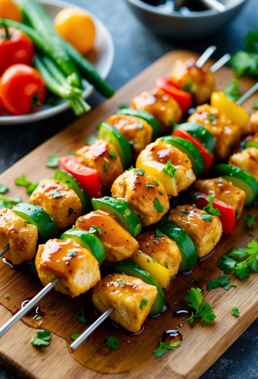 Juicy chicken skewers marinated in honey garlic sauce, surrounded by colorful vegetables on a wooden cutting board