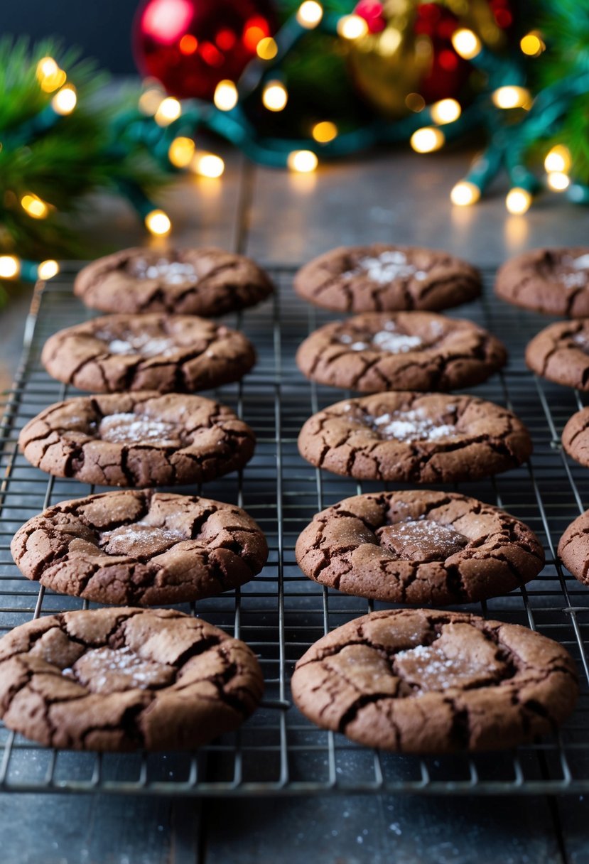 A batch of Chocolate Crinkle Cookies cooling on a wire rack, surrounded by festive holiday decorations and twinkling lights