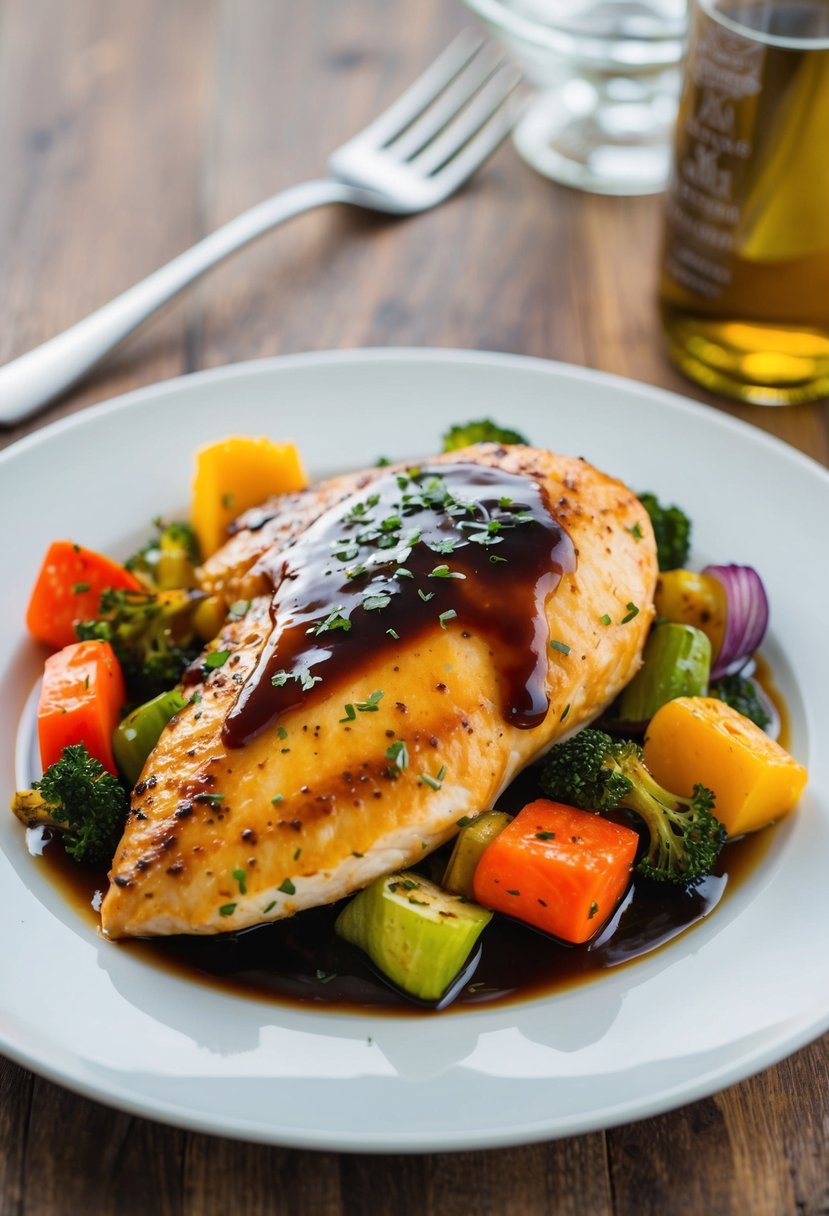 A sizzling chicken breast coated in balsamic glaze, surrounded by colorful roasted vegetables on a clean white plate