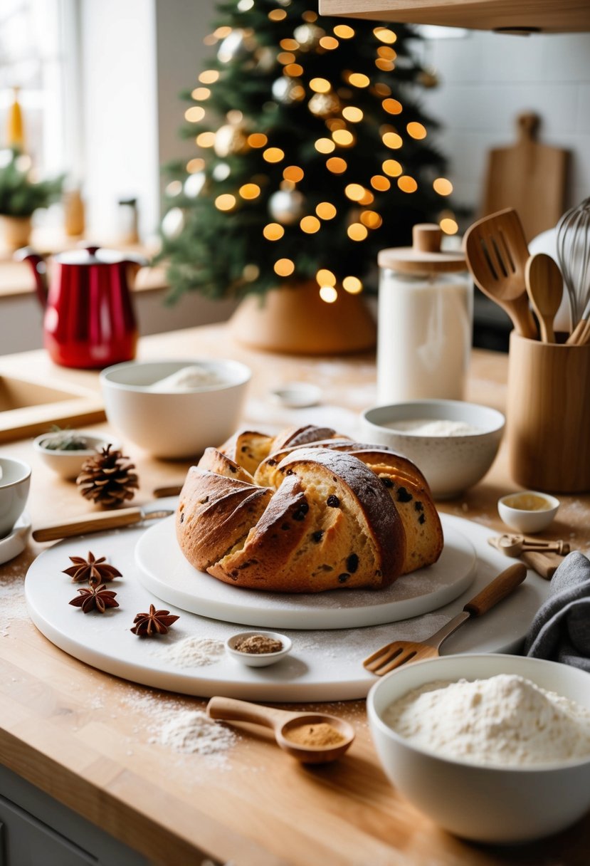 A festive kitchen scene with a freshly baked stollen, surrounded by flour, spices, and baking utensils on the countertop