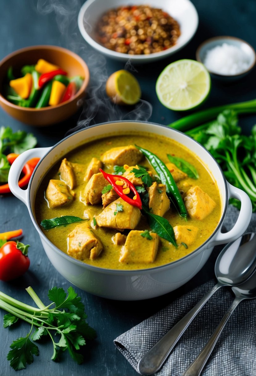 A steaming pot of Thai coconut curry chicken surrounded by vibrant vegetables and aromatic spices