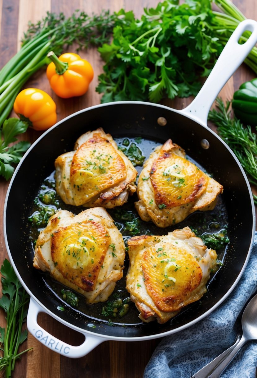 A sizzling skillet with golden-brown chicken thighs coated in garlic butter, surrounded by vibrant, fresh herbs and colorful vegetables