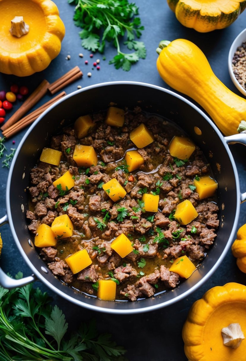 A pot of simmering ground beef and squash, surrounded by colorful spices and fresh herbs