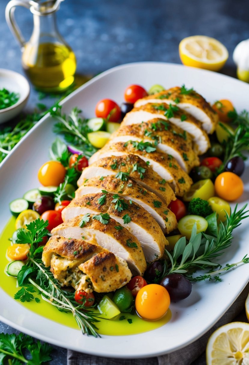 A platter of Mediterranean Stuffed Chicken surrounded by fresh herbs, colorful vegetables, and a drizzle of olive oil