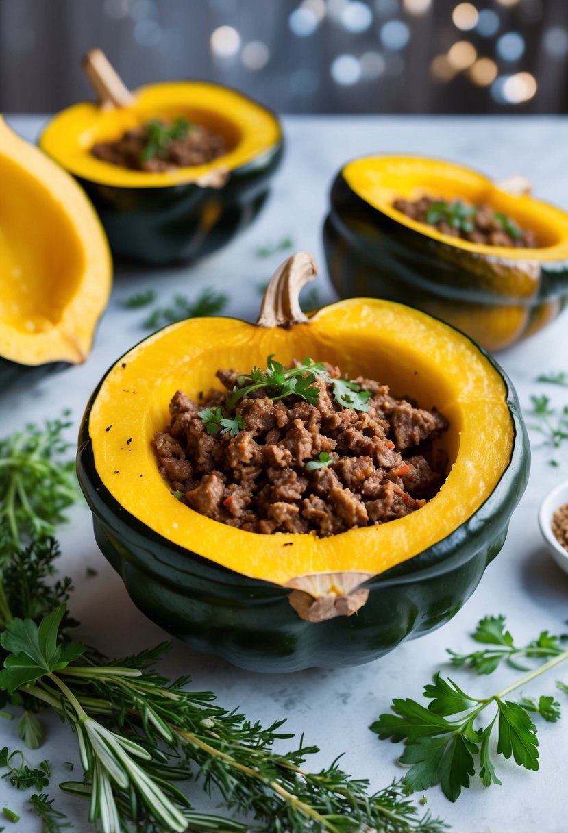 A halved acorn squash filled with seasoned ground beef, surrounded by fresh herbs and spices